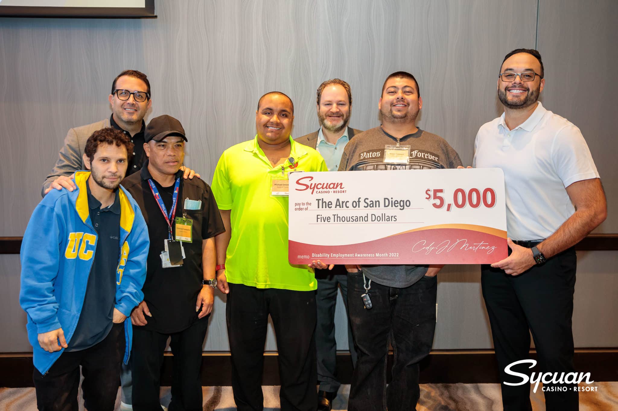 In addition to recognizing each team member and job coach, Sycuan presented The Arc of San Diego with a check for $5,000. (Chadd Cady / Sycuan Casino Resort)