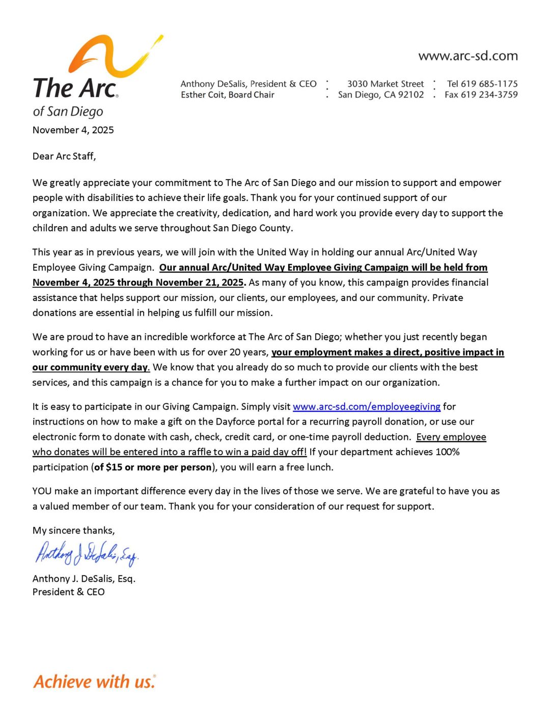 3a Anthony DeSalis Employee Giving Campaign LETTER 2025 | Arc of San Diego